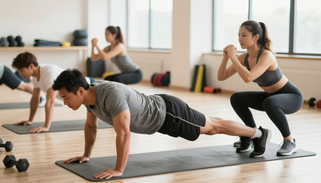 A bright and airy gym setting that showcases a diverse group of individuals performing a basic workout routine. In the foreground, a man in a fitted t-shirt and athletic shorts is demonstrating a push-up, while a woman in a sports tank top and leggings performs a bodyweight squat next to him. In the middle ground, another person is stretching on a yoga mat, enhancing the focus on flexibility. The background features exercise equipment like dumbbells and resistance bands, softly blurred to emphasize the action. Natural light streams through large windows, creating a warm and inviting atmosphere. The scene captures the spirit of determination and community in fitness, with warm tones and a motivating ambiance, emphasizing the idea of starting a fitness journey. A bright and airy gym setting that showcases a diverse group of individuals performing a basic workout routine. In the foreground, a man in a fitted t-shirt and athletic shorts is demonstrating a push-up, while a woman in a sports tank top and leggings performs a bodyweight squat next to him. In the middle ground, another person is stretching on a yoga mat, enhancing the focus on flexibility. The background features exercise equipment like dumbbells and resistance bands, softly blurred to emphasize the action. Natural light streams through large windows, creating a warm and inviting atmosphere. The scene captures the spirit of determination and community in fitness, with warm tones and a motivating ambiance, emphasizing the idea of starting a fitness journey.