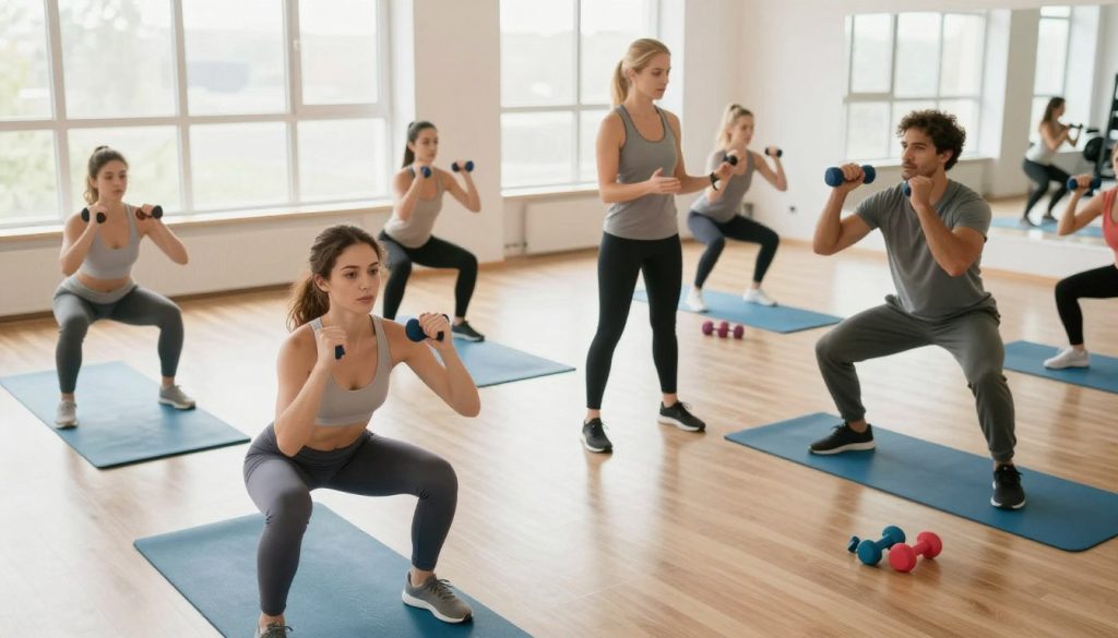 A bright and inviting gym interior, designed for beginners, showing a diverse group of individuals engaged in a beginner strength workout routine. In the foreground, a young woman in modest athletic wear performs a basic squat, while a man nearby lifts light dumbbells, demonstrating proper form. The middle ground features an instructor providing guidance, dressed in a professional, approachable outfit. Vibrant exercise mats and colorful dumbbells are scattered around, creating a dynamic and encouraging atmosphere. The background displays large windows allowing natural light to flood the space, enhancing the sense of openness. The mood is empowering and motivational, highlighting the joy of starting a fitness journey. The image is captured with a slightly overhead angle to provide a comprehensive view of the workout environment. A bright and inviting gym interior, designed for beginners, showing a diverse group of individuals engaged in a beginner strength workout routine. In the foreground, a young woman in modest athletic wear performs a basic squat, while a man nearby lifts light dumbbells, demonstrating proper form. The middle ground features an instructor providing guidance, dressed in a professional, approachable outfit. Vibrant exercise mats and colorful dumbbells are scattered around, creating a dynamic and encouraging atmosphere. The background displays large windows allowing natural light to flood the space, enhancing the sense of openness. The mood is empowering and motivational, highlighting the joy of starting a fitness journey. The image is captured with a slightly overhead angle to provide a comprehensive view of the workout environment.