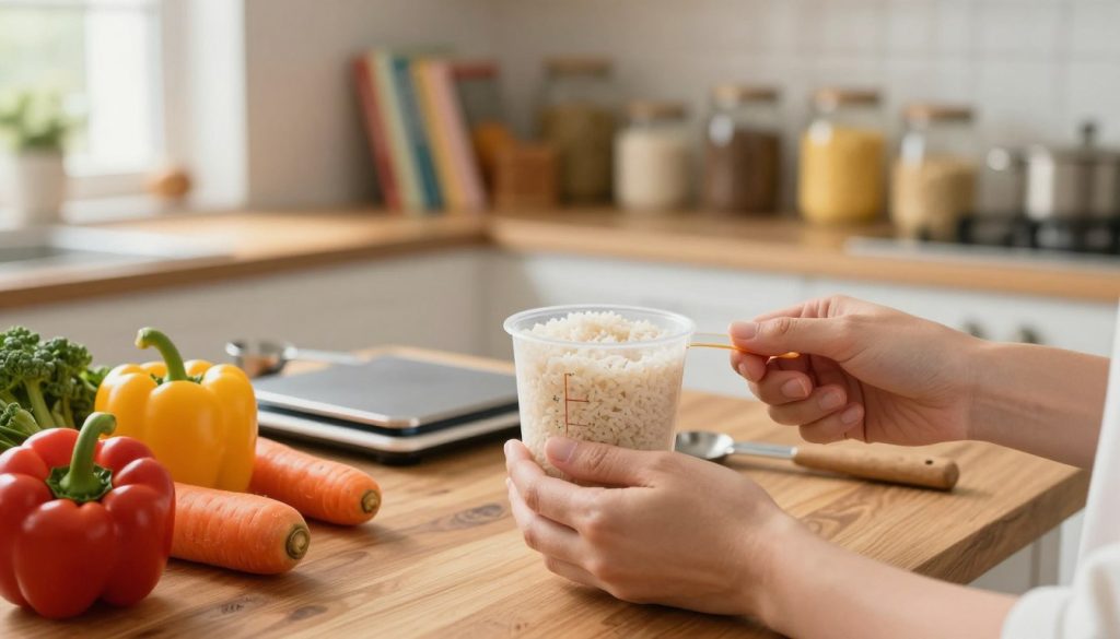 A close-up view of hands measuring food portion sizes using common kitchen items. In the foreground, a pair of clean, well-groomed hands are shown holding a cup measuring a serving of rice, surrounded by colorful, fresh vegetables like bell peppers and carrots placed on a rustic wooden countertop. The middle ground features a neatly organized kitchen setup with measuring spoons and scale, suggesting a mindful cooking space. The background is softly blurred, showcasing shelves filled with healthy cookbooks and jars of grains. The lighting is warm and natural, streaming in from a nearby window, creating a welcoming and focused atmosphere. The overall mood is encouraging and educational, emphasizing an approach to mindful eating and portion control.