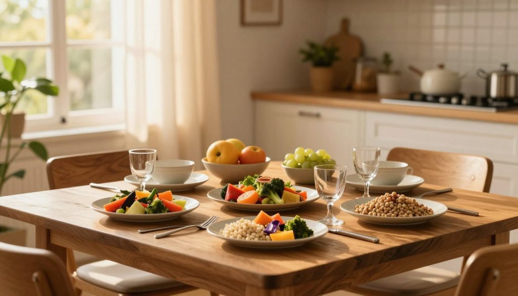 A serene and inviting home dining space featuring a beautifully set wooden table with an array of colorful, fresh foods arranged thoughtfully for mindful eating. In the foreground, a carefully plated meal with vibrant vegetables and whole grains, complemented by elegant tableware, evokes a sense of tranquility. In the middle ground, there are soft, natural elements like plants and a fruit bowl that enhance the atmosphere. The background reveals a softly lit kitchen with warm, golden sunlight filtering through sheer curtains, creating a calming ambiance. The overall mood is peaceful and nurturing, encouraging a focus on portion control and the joy of mindful eating. The scene is devoid of any people, allowing the viewer to fully engage with the environment.