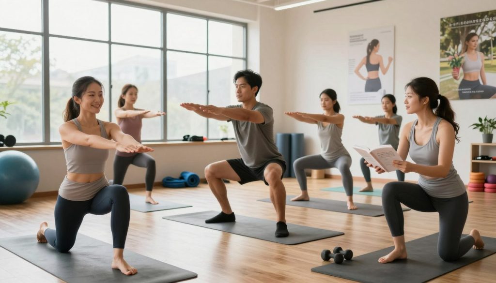 A serene indoor gym environment bathed in soft, natural light filtering through large windows. In the foreground, a diverse group of individuals in modest activewear—two women and one man—practice safe exercising techniques, such as warming up and stretching. The woman on the left, showing proper form for a stretch, smiles confidently, while the man in the center demonstrates a balanced posture for a bodyweight squat. The woman on the right is consulting a fitness guidebook for tips. In the middle ground, various fitness equipment like yoga mats, dumbbells, and resistance bands are neatly organized. The background features motivational posters with imagery of healthy living. The overall atmosphere is encouraging and supportive, reflecting a positive mindset for beginners starting their fitness journey safely. A serene indoor gym environment bathed in soft, natural light filtering through large windows. In the foreground, a diverse group of individuals in modest activewear—two women and one man—practice safe exercising techniques, such as warming up and stretching. The woman on the left, showing proper form for a stretch, smiles confidently, while the man in the center demonstrates a balanced posture for a bodyweight squat. The woman on the right is consulting a fitness guidebook for tips. In the middle ground, various fitness equipment like yoga mats, dumbbells, and resistance bands are neatly organized. The background features motivational posters with imagery of healthy living. The overall atmosphere is encouraging and supportive, reflecting a positive mindset for beginners starting their fitness journey safely.