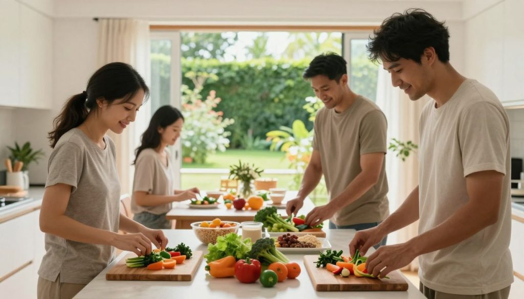 A serene kitchen setting bathed in soft, natural light. In the foreground, a diverse group of three individuals - a woman and two men in modest casual clothing - joyfully preparing a colorful, healthy meal together, with fresh vegetables and whole grains spread out on countertops. In the middle ground, a minimalist dining table showcases a balanced meal, emphasizing portion control. In the background, a large window opens to a vibrant garden, symbolizing an active lifestyle. The scene conveys a sense of teamwork and positivity, with warm, inviting colors and a harmonious atmosphere, illustrating lasting lifestyle changes for weight maintenance. The angle captures an inviting perspective, fostering a sense of community and support in achieving health goals.