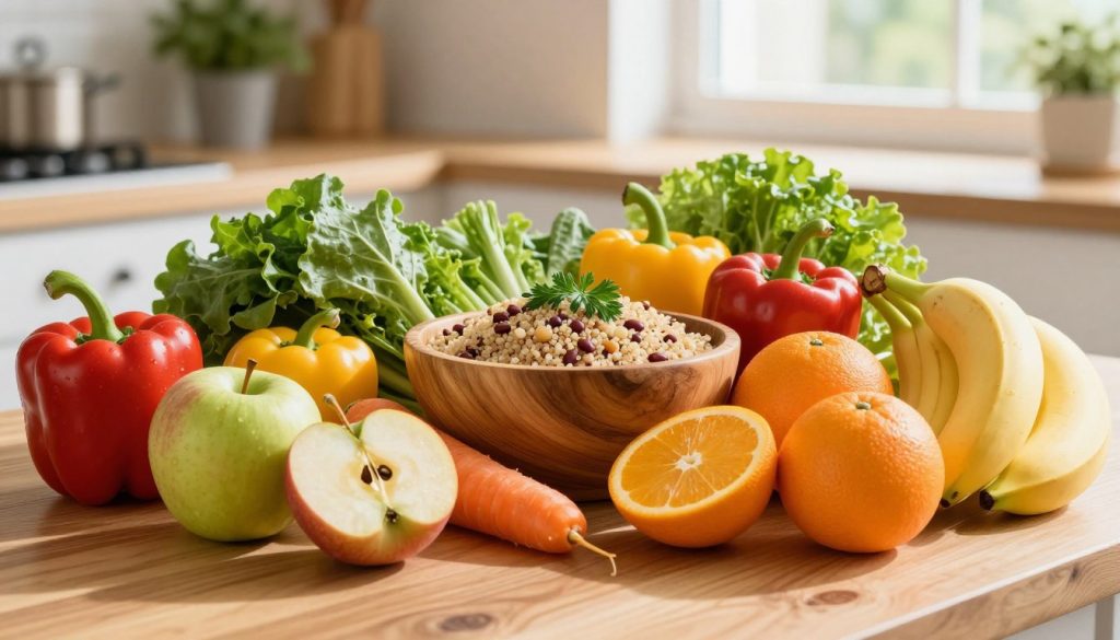 A vibrant and visually appealing arrangement of healthy foods on a wooden table, emphasizing a balanced diet. In the foreground, an assortment of colorful fruits such as apples, oranges, and bananas, alongside leafy greens and vibrant vegetables like bell peppers and carrots. In the middle, a stylish wooden bowl filled with quinoa and legumes, topped with fresh herbs. Light streams in from a nearby window, creating a warm and inviting atmosphere. Soft shadows cast by the natural light enhance the textures of the food. In the background, a blurred kitchen setting with herbs in pots, giving a homey feel. The overall mood is fresh, lively, and inspiring, perfect for promoting smart nutrition choices for healthy weight management.