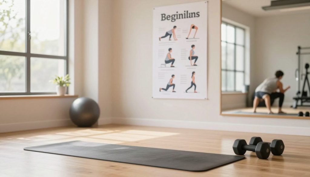 A well-organized and inviting fitness workspace showcasing beginner workout plans. In the foreground, a neatly arranged yoga mat and a set of dumbbells, emphasizing accessibility. The middle layer features an illustrated poster with simple exercise diagrams, such as squats and lunges, displayed on a wall. In the background, large windows allow natural sunlight to flood in, enhancing a bright and motivating atmosphere. The overall mood is encouraging and positive, suggesting a friendly environment for those starting their fitness journey. The scene should be captured with a warm color palette, using soft focus to create a comforting vibe, reminiscent of a personal training studio. Ensure that any human subjects are dressed in modest, fitness-appropriate attire. A well-organized and inviting fitness workspace showcasing beginner workout plans. In the foreground, a neatly arranged yoga mat and a set of dumbbells, emphasizing accessibility. The middle layer features an illustrated poster with simple exercise diagrams, such as squats and lunges, displayed on a wall. In the background, large windows allow natural sunlight to flood in, enhancing a bright and motivating atmosphere. The overall mood is encouraging and positive, suggesting a friendly environment for those starting their fitness journey. The scene should be captured with a warm color palette, using soft focus to create a comforting vibe, reminiscent of a personal training studio. Ensure that any human subjects are dressed in modest, fitness-appropriate attire.
