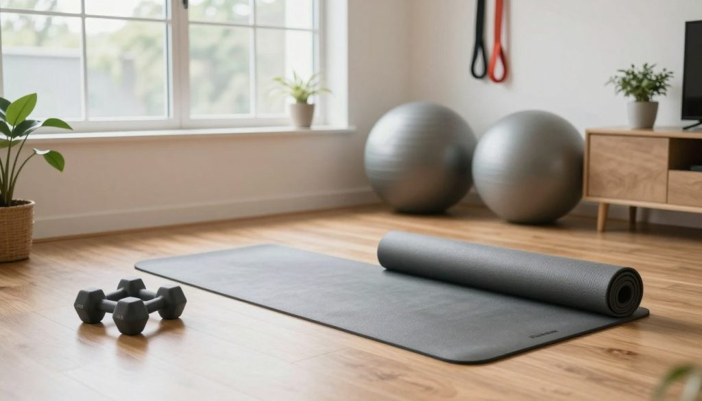 A well-organized home workout space featuring various workout equipment. In the foreground, display a pair of dumbbells and a yoga mat placed neatly on a wooden floor. In the middle ground, include a stability ball and a resistance band hung on a nearby wall. In the background, show a large window with natural light streaming in, illuminating the room, creating a motivating and uplifting atmosphere. Cozy plants can be seen in the corners, enhancing the inviting feel. Capture the scene from a slightly elevated angle to showcase the layout effectively. The overall lighting should be bright but soft, evoking a sense of calm and encouragement for home workouts.