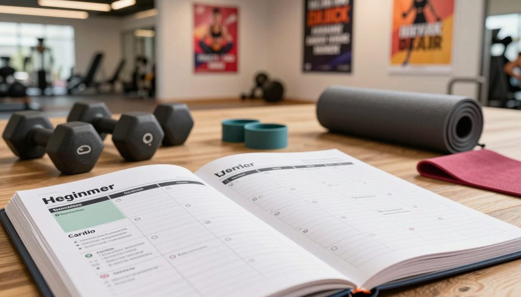 Create an engaging and vibrant image of a beginner fitness schedule. In the foreground, display a well-organized weekly planner opened to a full calendar page, featuring labeled sections for each day's workouts, including strength training and cardio exercises. The middle layer should include a variety of exercise equipment like dumbbells, a yoga mat, and resistance bands, neatly arranged. In the background, create a softly lit, modern gym environment with motivational posters on the walls showcasing encouraging phrases about fitness. Use warm, inviting lighting to enhance the atmosphere, and capture the scene from an angle that offers a clear view of the planner and equipment, creating a sense of motivation and focus for beginners embarking on their fitness journey. Create an engaging and vibrant image of a beginner fitness schedule. In the foreground, display a well-organized weekly planner opened to a full calendar page, featuring labeled sections for each day's workouts, including strength training and cardio exercises. The middle layer should include a variety of exercise equipment like dumbbells, a yoga mat, and resistance bands, neatly arranged. In the background, create a softly lit, modern gym environment with motivational posters on the walls showcasing encouraging phrases about fitness. Use warm, inviting lighting to enhance the atmosphere, and capture the scene from an angle that offers a clear view of the planner and equipment, creating a sense of motivation and focus for beginners embarking on their fitness journey.